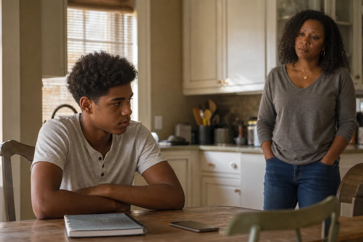 A Black mother stands calmly across the kitchen from her teenage son after a tense homework conversation.