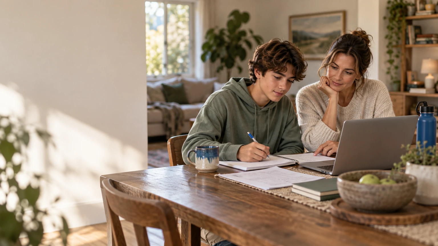 A teen and parent sort group-project notes at a table, focusing on the next practical step.