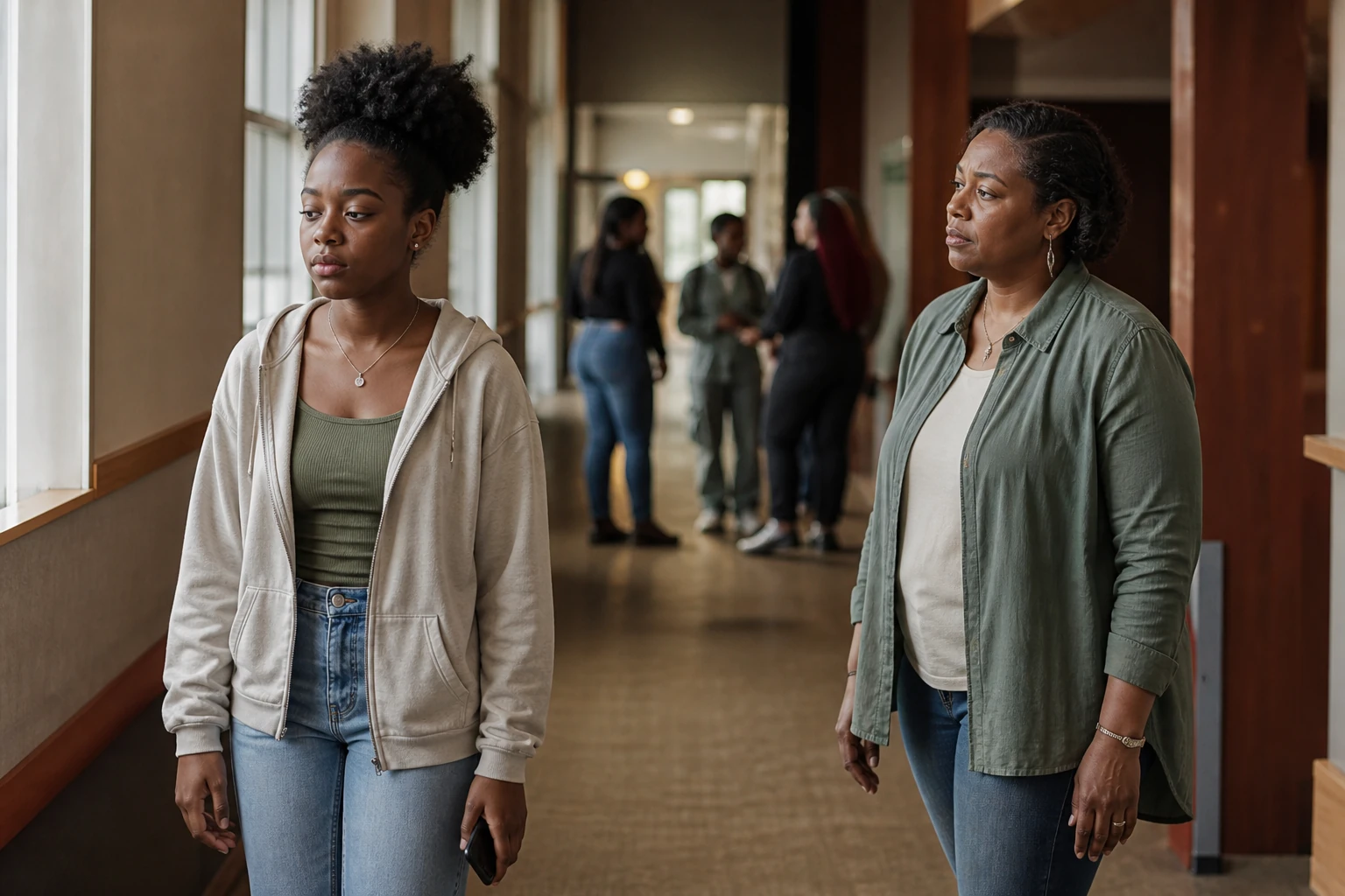 A mother gives her teenage daughter space after she steps away from a peer group in a community-centre corridor.