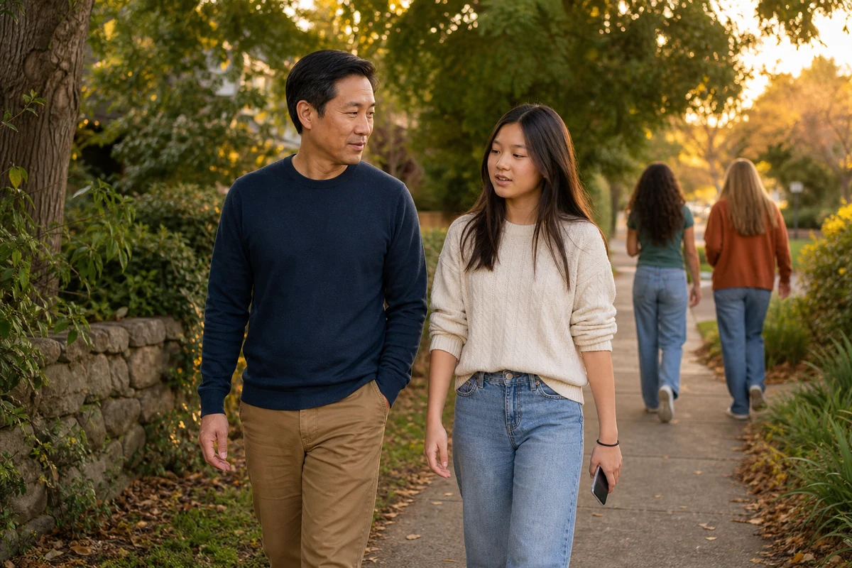 An Asian father listens as his teenage daughter speaks while walking home, with two teen friends ahead in soft focus.