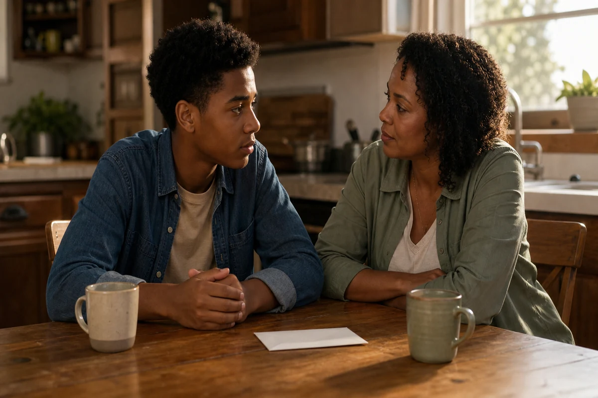 A Black mother listens calmly as her teenage son speaks across their kitchen table, with a blank invitation envelope between them.