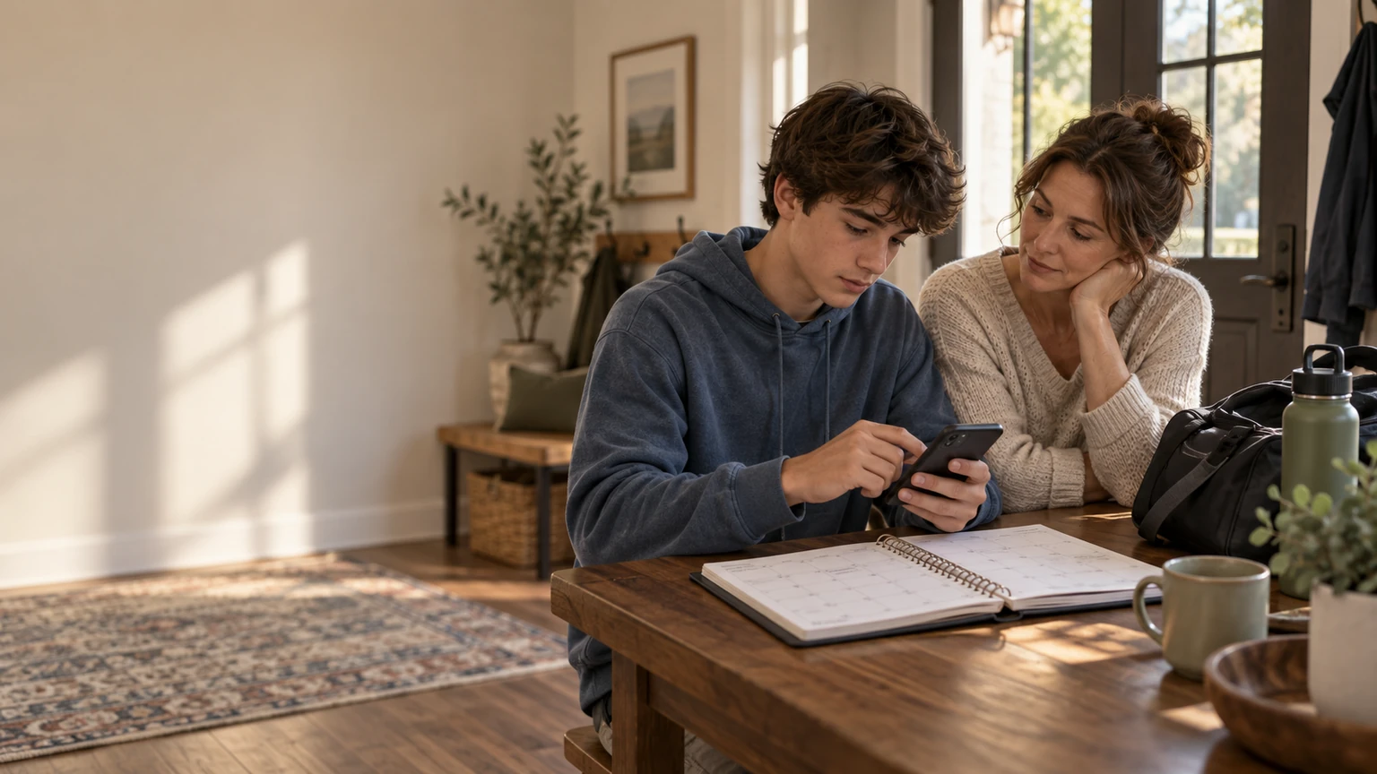 A teen sets a reminder beside a calendar and sports bag while a parent listens nearby.