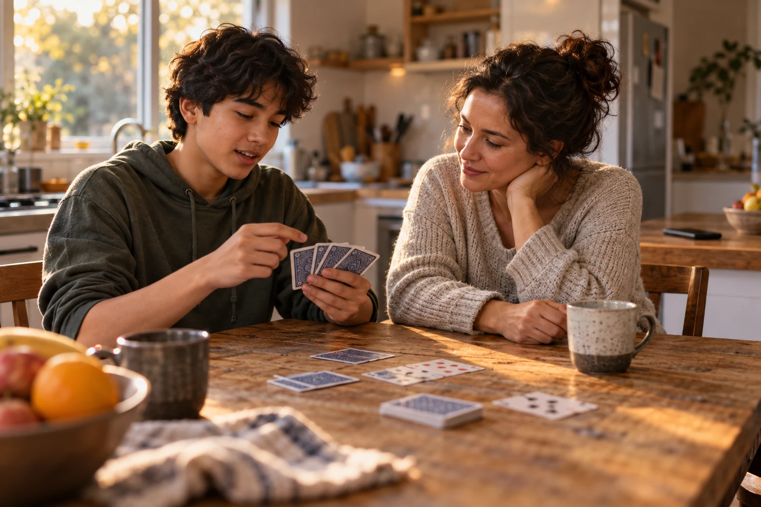 A teenager chooses the next card while a parent listens beside him at their kitchen table.