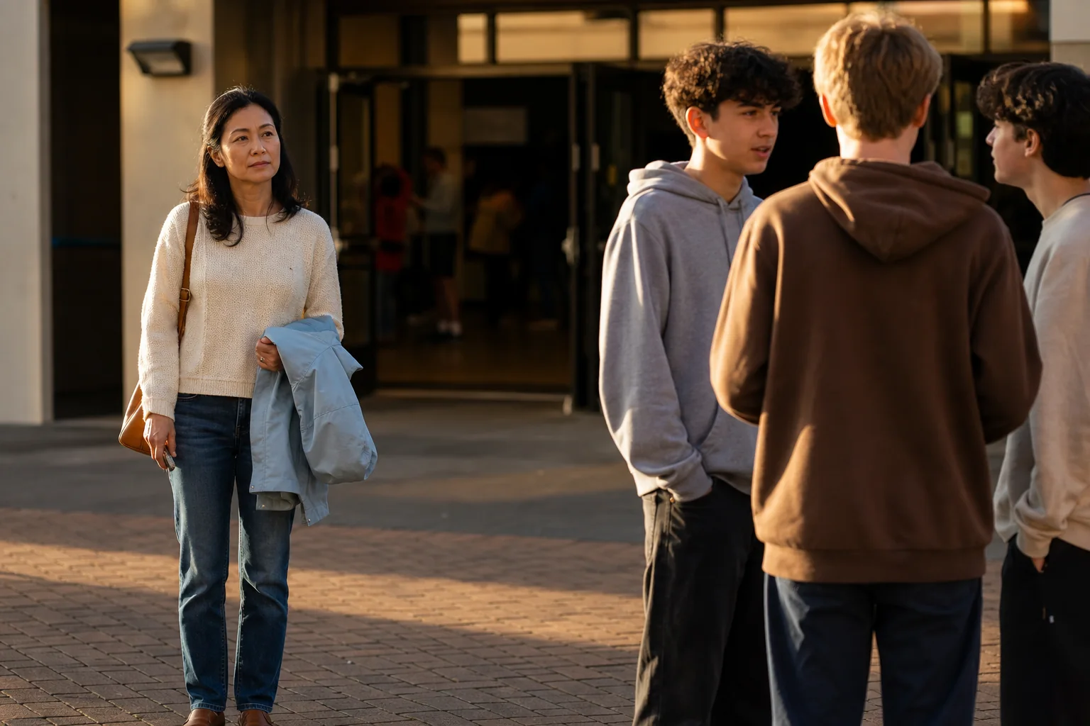A mother waits several steps away while her teenage son talks with friends outside a school event.
