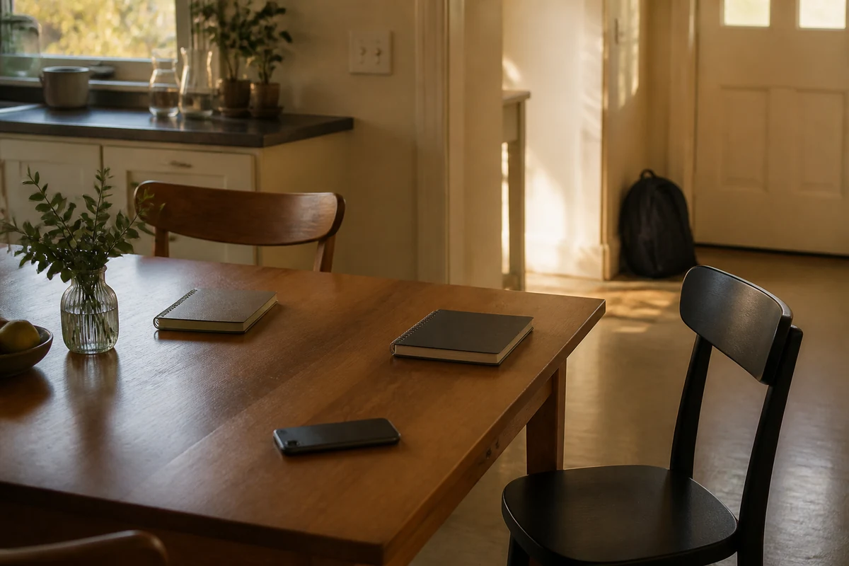 Two separated notebooks, an unused chair, a face-down phone, and a backpack in a warm family kitchen.