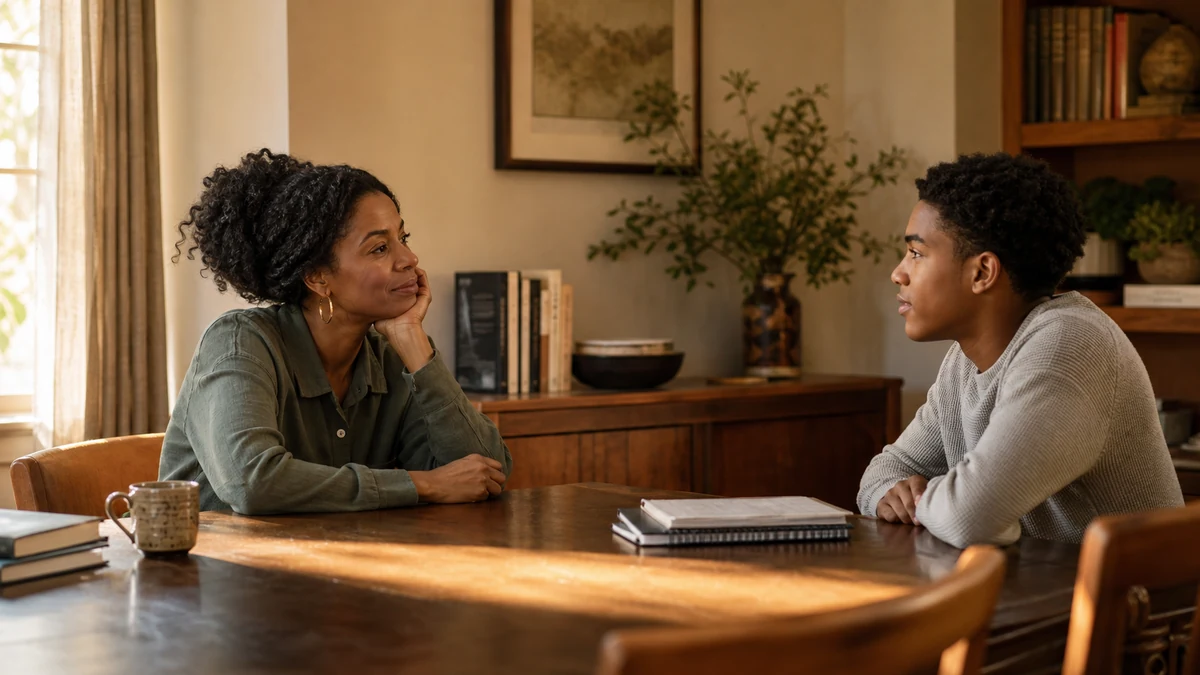 A mother listening calmly while her teenage son takes time to answer at a dining table